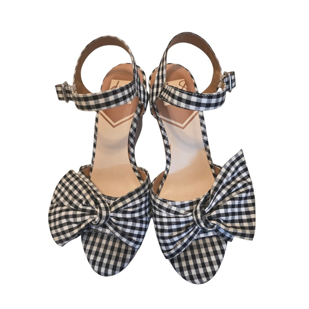 DV8 by Dolce Vita Gingham Bow Cork Wedge Sandals Black White Checkered Strap